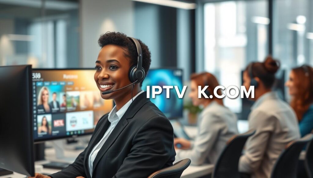 A modern customer support scene in a sleek office environment featuring a friendly support agent. In the foreground, the agent, a diverse individual in professional attire, is attentively interacting with a headset, their expression showing empathy and attentiveness. The middle ground showcases a well-organized workspace with multiple monitors displaying streaming options and customer queries. In the background, there are soft-focus elements like a large window with natural light streaming in, providing a warm, inviting atmosphere. The overall mood is professional yet approachable, conveying a sense of reliability and trust. Emphasize the brand "IPTVVUK.COM" subtly integrated into the design of the work equipment, ensuring a high level of service quality.