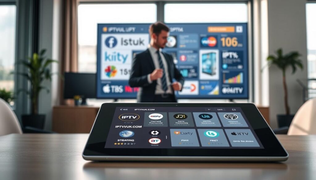 A modern digital workspace illustrating an IPTV service comparison. In the foreground, a sleek tablet displays various IPTV logos, showcasing options like IPTVVUK.COM alongside user ratings and features. In the middle, a professional in business attire is analyzing data on a large screen, highlighting statistics and charts related to streaming services. The background features a contemporary office environment with a large window allowing soft, natural light to pour in, creating a bright and inviting atmosphere. The angle is slightly elevated, providing a clear view of the tablet and screen, with a slight blur on the background to emphasize the foreground elements. The overall mood is informative and professional, reflecting an atmosphere of research and decision-making for choosing the right IPTV service.