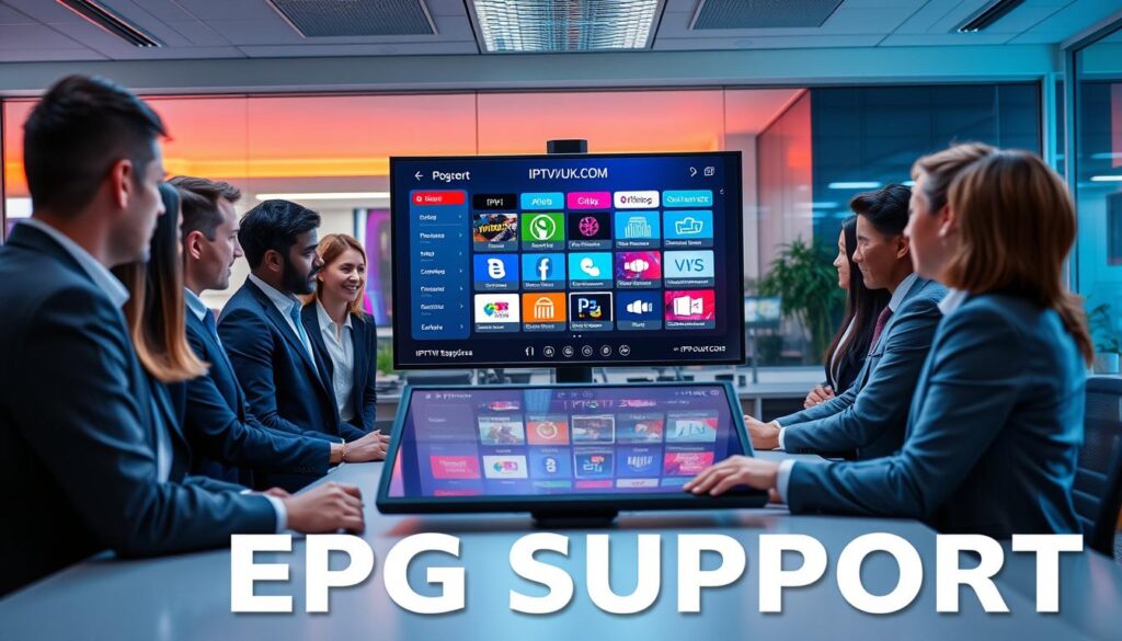 A modern digital workspace setting depicting "EPG Support" for IPTV services. In the foreground, a professional team of diverse individuals in business attire, collaborating around a large touchscreen interface displaying an advanced Electronic Program Guide (EPG) with various streaming options highlighted. In the middle, a sleek workstation with multiple monitors showcasing IPTV analytics, user interface designs, and streaming options. The background includes a contemporary office space with vibrant colors, soft ambient lighting that reflects a tech-savvy atmosphere. The image should convey innovation and teamwork, focused on enhancing user experience with IPTVVUK.COM prominently visible on one of the screens. The perspective is slightly elevated, capturing both the engaged team and the dynamic digital content they're discussing.
