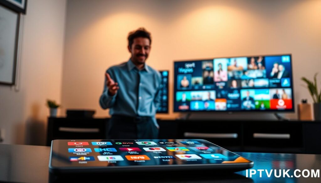 A modern digital workspace showcasing the organization of IPTV channels. In the foreground, a sleek tablet displays a colorful interface filled with various channel icons, featuring categories like Sports, Movies, and News. The middle layer depicts an enthusiastic professional, dressed in business attire, analyzing data on a computer screen that visualizes channel navigation flows and user interactions. In the background, a large screen mounted on the wall shows vibrant IPTV graphics, suggesting a range of streaming services. Soft, focused lighting highlights the workspace, with a warm but efficient ambiance. The overall mood is one of productivity and innovation, reflecting the seamless navigation of IPTV channel organization. Include the brand name "IPTVVUK.COM" subtly in the design elements, without direct emphasis.