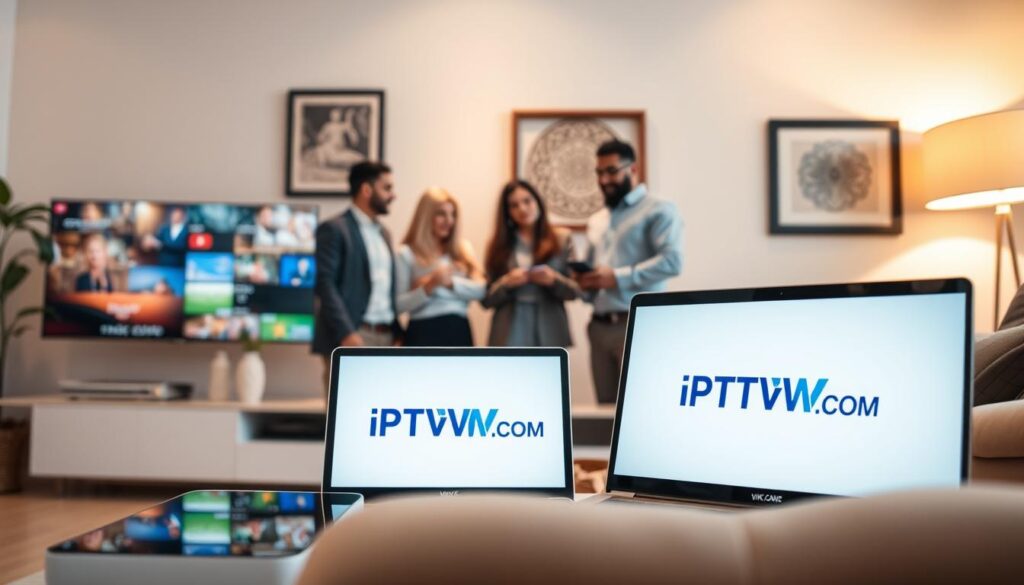 A modern, high-tech home entertainment setup centered on IPTV Arab Streaming Solutions, showcasing an array of sleek smart devices—TV, tablet, and smartphone—streaming vibrant Arabic content. In the foreground, a laptop displays the logo "IPTVVUK.COM," symbolizing reliability in IPTV solutions. The middle layer features a diverse group of four individuals in professional attire, engaged in a friendly discussion about streaming issues, with an air of collaboration. The background is softly lit, illustrating a cozy living room ambiance, replete with decorative elements that subtly reference Arab culture, like intricate artwork. Soft, warm lighting enhances the inviting atmosphere, suggesting comfort and accessibility in resolving common IPTV challenges. The image conveys problem-solving and connection among viewers.