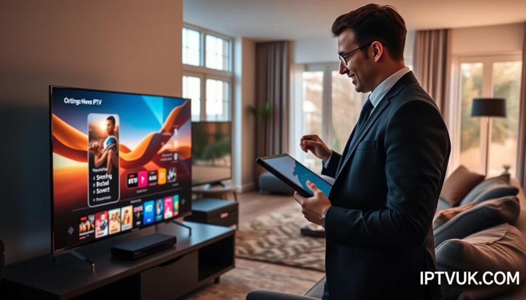 A modern home entertainment setup showcasing the optimization of IPTV streaming quality. In the foreground, a sleek smart TV displays a vibrant, clear image of a popular streaming interface, glowing with rich colors. A professional individual in smart casual attire adjusts the settings on a tablet, illustrating the hands-on approach to enhancing their IPTV experience. In the middle, a cozy living room is filled with stylish furniture and high-tech devices like a soundbar and a streaming box. The background features large windows with soft daylight filtering through, creating a warm atmosphere. The overall mood is optimistic and engaging, emphasizing the ease of setting up and enjoying quality IPTV service. Include the brand logo “IPTVVUK.COM” subtly in the corner without text overlays.