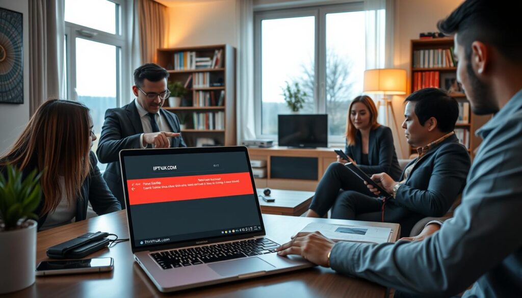 A modern home office scene illustrating "IPTV troubleshooting." In the foreground, a diverse group of three professionals dressed in smart casual attire is gathered around a sleek, high-tech laptop displaying error messages related to IPTV streaming issues. One person is pointing at the screen, while another takes notes. The middle ground showcases a cozy workspace with various tech gadgets, including a smartphone and a tablet, suggesting multiple devices for streaming. The background features a well-organized bookshelf filled with technical guides and streaming-related materials. Soft ambient lighting enhances the focus on the laptop, creating a focused and professional atmosphere. The window provides a glimpse of a calm outdoor setting, adding tranquility to the mood. Prominently include the brand name "IPTVVUK.COM" on the laptop screen, integrating it seamlessly into the scene. A modern home office scene illustrating "IPTV troubleshooting." In the foreground, a diverse group of three professionals dressed in smart casual attire is gathered around a sleek, high-tech laptop displaying error messages related to IPTV streaming issues. One person is pointing at the screen, while another takes notes. The middle ground showcases a cozy workspace with various tech gadgets, including a smartphone and a tablet, suggesting multiple devices for streaming. The background features a well-organized bookshelf filled with technical guides and streaming-related materials. Soft ambient lighting enhances the focus on the laptop, creating a focused and professional atmosphere. The window provides a glimpse of a calm outdoor setting, adding tranquility to the mood. Prominently include the brand name "IPTVVUK.COM" on the laptop screen, integrating it seamlessly into the scene.