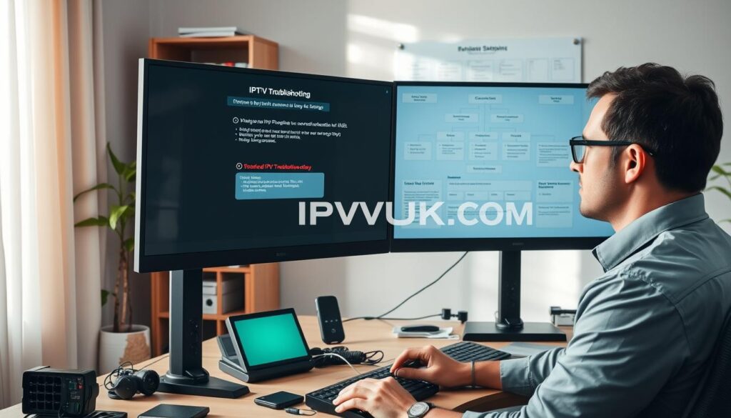 A modern home office setting, featuring a well-organized desk with dual monitors displaying an IPTV troubleshooting interface. In the foreground, a professional-looking technician in a collared shirt and glasses is analyzing error messages on the screen, with tools like a network tester and a smartphone nearby. The middle ground showcases a detailed flowchart on the wall, outlining common IPTV issues and solutions. The background includes a neatly arranged bookshelf with technology-related books and a potted plant, adding a touch of greenery. Soft natural lighting streams through a window, creating a calm and focused atmosphere. The overall mood conveys professionalism and expertise in addressing IPTV challenges. The brand name "IPTVVUK.COM" is subtly integrated into the design of the monitors, reflecting a tech-forward aesthetic.