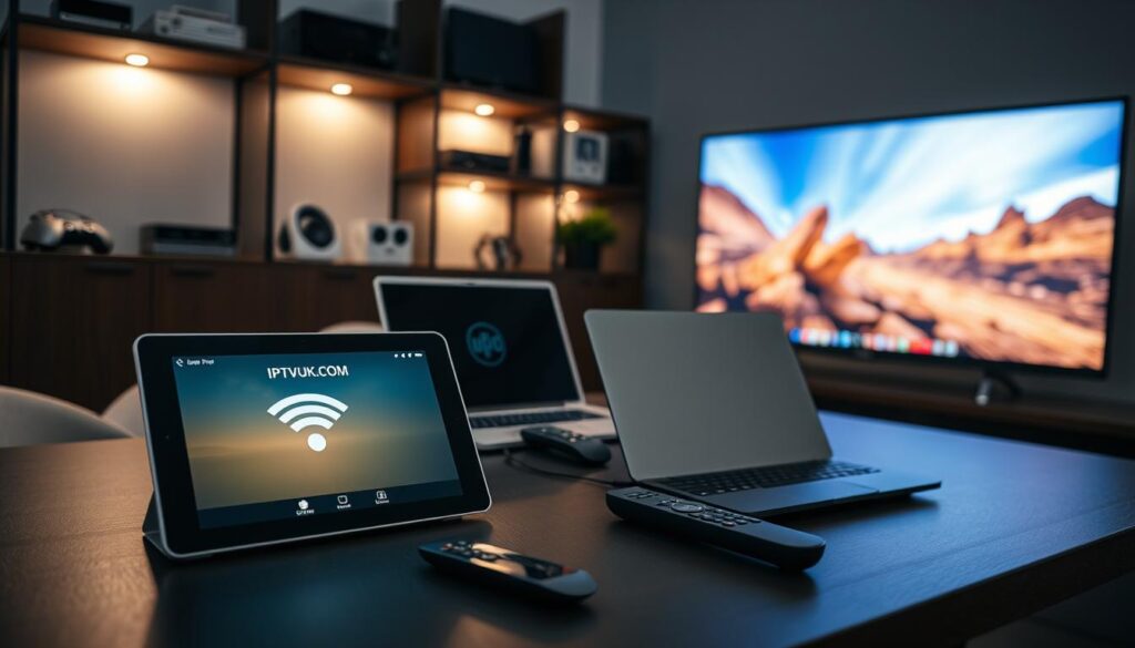 A modern home office setting featuring various IPTV Pro devices arranged neatly on a stylish desk. In the foreground, a sleek, high-resolution tablet displays the IPTVVUK.COM interface, while next to it, a smart TV showcases vibrant media content on its screen. In the middle ground, a laptop is connected to the tablet via Wi-Fi, with a few remote controls neatly placed beside them. The background includes shelves with neatly organized tech gadgets and dim ambient lighting that creates a cozy atmosphere, suggesting efficiency and connectivity. The composition is captured from a slightly elevated angle to emphasize the interconnected devices' sleek designs and functions. Soft lighting enhances the technology’s sophistication and usability.