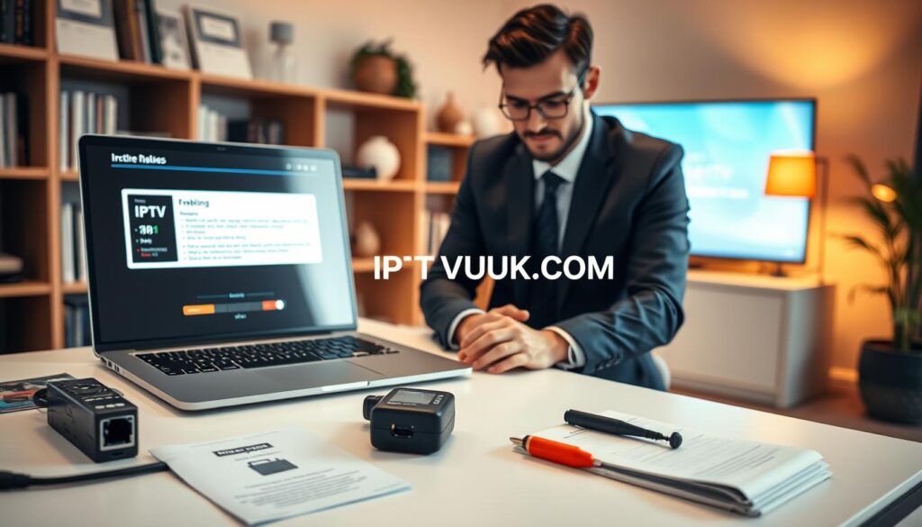 A modern home office setting showcasing an individual in professional business attire troubleshooting IPTV issues. The foreground features a well-lit desk with a laptop displaying an IPTV interface and troubleshooting tools like a network cable tester and manual. The middle ground includes a bookshelf with technical guides and a digital TV screen showing error messages. The background captures a cozy room ambiance, with warm lighting from a desk lamp and a soft-focus plant near a window. The mood is focused and informative, emphasizing connectivity and problem-solving. The brand name "IPTVVUK.COM" is subtly included within the displayed content on the laptop screen. A modern home office setting showcasing an individual in professional business attire troubleshooting IPTV issues. The foreground features a well-lit desk with a laptop displaying an IPTV interface and troubleshooting tools like a network cable tester and manual. The middle ground includes a bookshelf with technical guides and a digital TV screen showing error messages. The background captures a cozy room ambiance, with warm lighting from a desk lamp and a soft-focus plant near a window. The mood is focused and informative, emphasizing connectivity and problem-solving. The brand name "IPTVVUK.COM" is subtly included within the displayed content on the laptop screen.