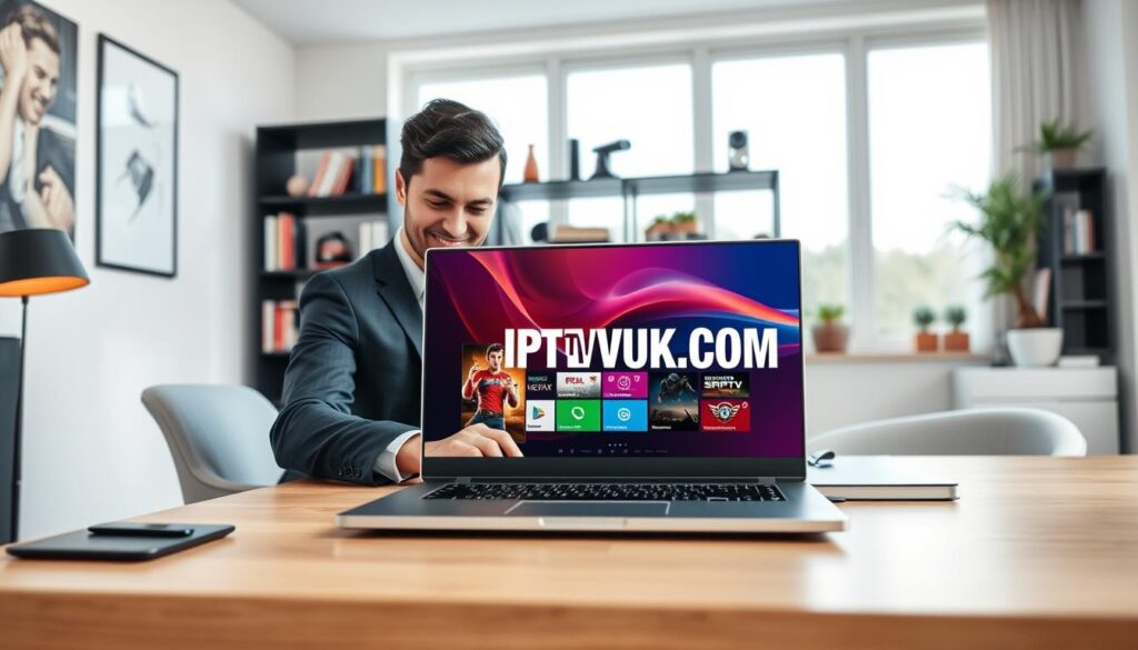 A modern home office setting with a sleek desk featuring a high-end laptop displaying a vibrant IPTV streaming interface. In the foreground, a professional person in smart casual attire is attentively interacting with the laptop, a hint of excitement on their face. The middle section includes a stylish bookshelf filled with tech books and gadgets, symbolizing advanced technology. The background showcases a large window letting in natural light, creating a warm and inviting atmosphere. Soft, diffused lighting enhances the scene, giving it a calm yet focused mood, ideal for discussing the best VPN services. The logo "IPTVVUK.COM" is subtly integrated into the laptop screen as part of the streaming interface, emphasizing its relevance to IPTV streaming.