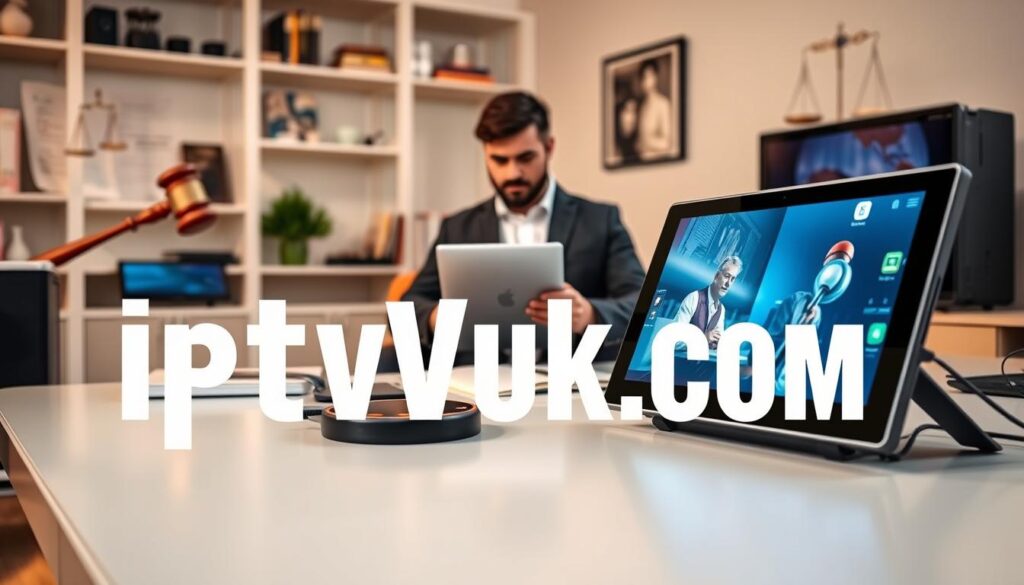 A modern home office setting with an emphasis on technology. In the foreground, a sleek desk featuring a sophisticated digital device displaying streaming IPTV services. In the middle ground, a person in professional attire, such as a tailored blazer, is intently watching content on a laptop, symbolizing the experience of cord-cutting. Surrounding them, various smart devices like tablets and smart TVs connect via Wi-Fi, representing IPTV services. The background includes subtle hints of legal documents with a gavel and scales of justice, creating a sense of legal considerations. The lighting is bright with a warm tone, suggesting a productive and inviting atmosphere. The image should prominently feature the brand name "IPTVVUK.COM" creatively integrated into the workspace environment.