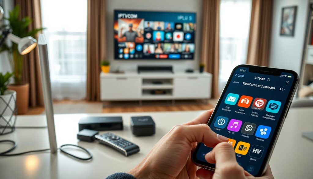A modern home office setup featuring a sleek desk with a laptop displaying an IPTV interface. The foreground includes a close-up of a smartphone in hand, navigating through IPTV options, with vibrant icons on the screen. In the middle ground, a well-organized workspace with streaming devices, remote controls, and a high-definition television displaying various channels. The background shows a cozy living room ambiance with soft lighting, accentuating the tech-savvy environment. Use natural light filtering through large windows, creating a warm and inviting atmosphere. Emphasize a sense of optimization and ease of use for IPTV services, reflecting a streamlined, professional experience. The brand name "IPTVVUK.COM" is subtly incorporated into the digital elements on the laptop screen and smartphone interface.