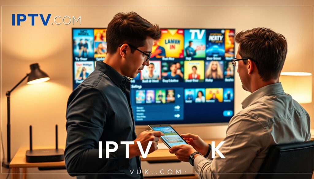 A modern home office setup, showcasing a sleek flat-screen TV displaying vibrant IPTV streaming content, such as colorful movie posters and shows. In the foreground, a focused individual dressed in smart casual attire adjusts the streaming settings on a tablet, reflecting engagement in optimizing their viewing experience. The middle layer features modern tech gadgets like a high-speed router and a streaming device, emphasizing connectivity and performance. The background is softly lit with warm tones, showcasing a cozy environment with bookshelves and a stylish lamp to create a welcoming atmosphere. The branding "IPTVVUK.COM" is subtly integrated into the design, enhancing the professional setting without being intrusive. The overall mood is dynamic and inspiring, portraying an effective IPTV streaming environment.