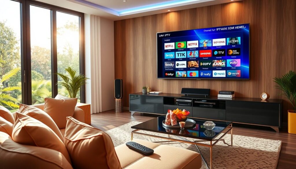A modern living room elegantly furnished with a sleek TV mounted on the wall, displaying a colorful and vibrant interface of IPTV channels from IPTVVUK.COM. In the foreground, a comfortable couch with pillows invites viewers to relax while watching a diverse array of channels, including sports, movies, and children’s programming. The middle ground features a stylish coffee table with snacks and a remote control, emphasizing the home viewing experience. The background presents a large window with sunlight streaming in, creating a warm and inviting ambiance. The overall atmosphere is lively and contemporary, highlighting a perfect family setting for enjoying entertainment. The image is well-lit, with soft natural light illuminating the space, captured from a slightly angled perspective to showcase depth and comfort.