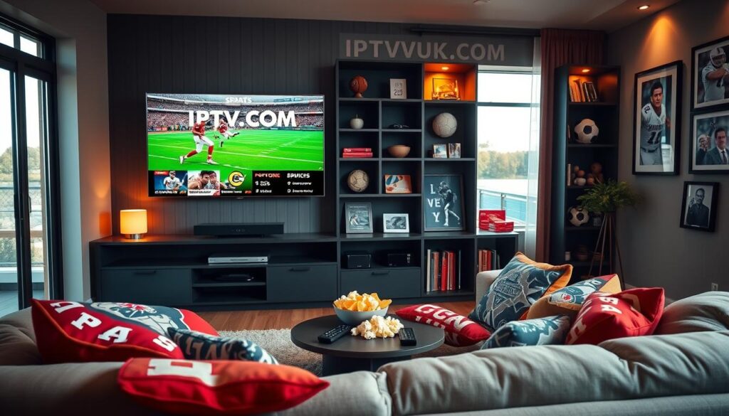 A modern living room featuring a high-definition television displaying vibrant sports channels, with the logo "IPTVVUK.COM" visible on the screen. In the foreground, a comfortable sofa is adorned with colorful sports team cushions, inviting viewers to relax. The middle area showcases an interactive streaming device with remote controls and snacks like popcorn and chips, emphasizing a casual viewing experience. In the background, a stylish bookshelf filled with sports memorabilia and framed photos of famous athletes adds a personal touch. The room is well-lit with warm lighting, creating a cozy atmosphere, while a large window allows natural light to filter in, suggesting a bright day outside. The overall mood is energetic and inviting, perfect for sports enthusiasts. A modern living room featuring a high-definition television displaying vibrant sports channels, with the logo "IPTVVUK.COM" visible on the screen. In the foreground, a comfortable sofa is adorned with colorful sports team cushions, inviting viewers to relax. The middle area showcases an interactive streaming device with remote controls and snacks like popcorn and chips, emphasizing a casual viewing experience. In the background, a stylish bookshelf filled with sports memorabilia and framed photos of famous athletes adds a personal touch. The room is well-lit with warm lighting, creating a cozy atmosphere, while a large window allows natural light to filter in, suggesting a bright day outside. The overall mood is energetic and inviting, perfect for sports enthusiasts.