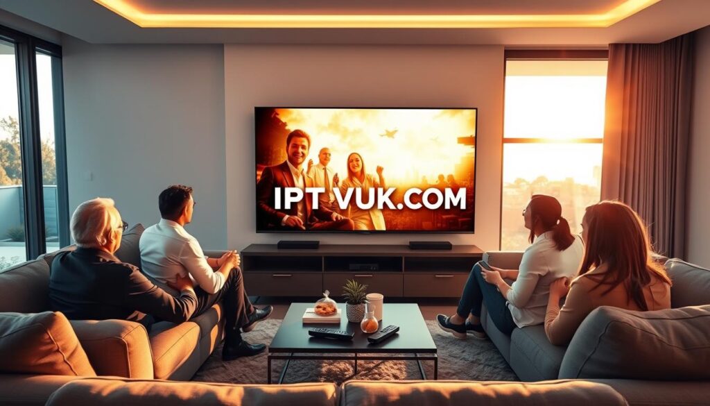 A modern living room featuring a large, sleek flat-screen TV displaying high-definition IPTV streaming quality. In the foreground, a family of four, dressed in professional casual attire, is sitting on a comfortable sofa, eagerly watching their favorite show. The room is warmly lit with soft, ambient lighting that enhances the rich colors of the TV screen. In the middle, a stylish coffee table holds snacks and remote controls, adding to the homely atmosphere. In the background, large windows reveal a bright outdoor scene, suggesting a sunny day. The image should convey a feeling of enjoyment and togetherness, highlighting the seamless experience of IPTV streaming. Include the brand name "IPTVVUK.COM" subtly integrated into the TV screen display.