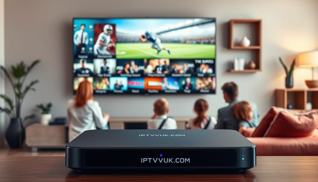 A modern living room featuring a sleek entertainment setup showcasing the IPTV streaming quality. In the foreground, a high-definition television displays vibrant, crystal-clear images of diverse streaming content, such as movies and sports. A family, dressed in professional casual attire, sits comfortably on a stylish couch, captivated by the viewing experience. The middle of the scene highlights a sleek streaming device with the logo "IPTVVUK.COM," emphasizing its advanced technology. The background features soft, ambient lighting that creates a cozy atmosphere, with decorative elements like plants and a bookshelf, adding to the homely feel. The camera angle is slightly tilted downward to capture the family’s engagement while maintaining focus on the television screen, evoking a sense of enjoyment and connection through IPTV technology.