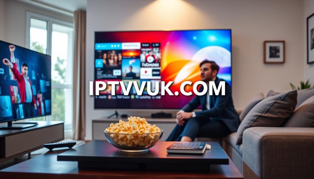 A modern living room featuring a sleek flat-screen television displaying vibrant IPTV streaming content in high definition. In the foreground, a stylish coffee table with a remote control and a bowl of popcorn. In the middle ground, a cozy sofa with two people, one male in a smart casual outfit and one female in professional business attire, both watching with focused expressions. The background reveals a well-lit room with soft ambient lighting, accentuating a warm and inviting atmosphere. The walls are adorned with subtle decor, and a window shows a view of greenery outside, implying a peaceful home environment. The IPTVVUK.COM logo is subtly integrated into the scene on the TV screen, enhancing the relevance of the image. The overall mood is relaxed yet attentive, emphasizing quality streaming entertainment.