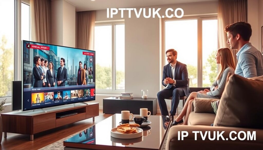 A modern living room featuring a sleek smart TV displaying high-quality IPTV streaming content, with a diverse group of three individuals in professional attire gathered around, engaged in discussion. In the foreground, the TV screen shows a vibrant, detailed image of a popular show, illustrating excellent streaming quality. The middle ground includes a stylish coffee table with snacks and drinks, creating an inviting atmosphere. The background reveals large windows with natural light pouring in, casting a warm glow across the room. Use a slight angle to showcase the TV and the group’s expressions, emphasizing interest and engagement. The mood is friendly and professional, highlighting the essential features of IPTV services like quality and user experience. Include the brand "IPTVVUK.COM" subtly in the scene. A modern living room featuring a sleek smart TV displaying high-quality IPTV streaming content, with a diverse group of three individuals in professional attire gathered around, engaged in discussion. In the foreground, the TV screen shows a vibrant, detailed image of a popular show, illustrating excellent streaming quality. The middle ground includes a stylish coffee table with snacks and drinks, creating an inviting atmosphere. The background reveals large windows with natural light pouring in, casting a warm glow across the room. Use a slight angle to showcase the TV and the group’s expressions, emphasizing interest and engagement. The mood is friendly and professional, highlighting the essential features of IPTV services like quality and user experience. Include the brand "IPTVVUK.COM" subtly in the scene.