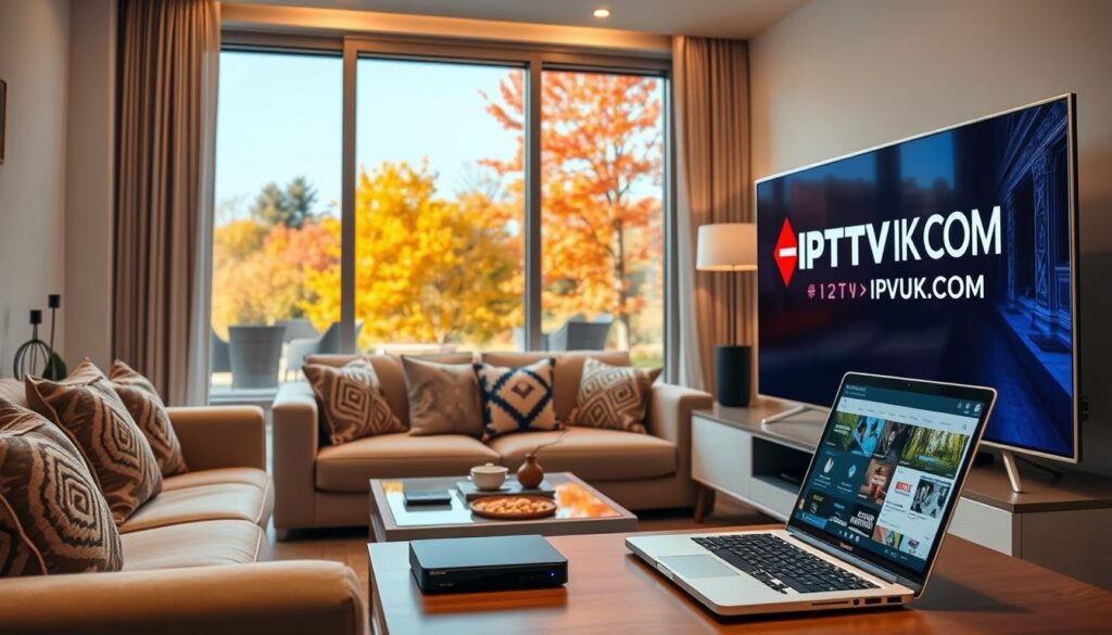 A modern living room in Quebec featuring an IPTV setup. In the foreground, a sleek TV screen displays vibrant streaming content with the logo of IPTVVUK.COM prominently visible. A stylish entertainment center holds a set-top box, remote control, and artfully arranged decorative items. The middle ground reveals a comfortable couch with decorative cushions, and a coffee table with snacks and a laptop open to an IPTV website. In the background, large windows showcase a picturesque Quebec view with maple trees in vibrant autumn colors. The scene is warmly lit with soft, ambient lighting, creating an inviting atmosphere. The angle is slightly low to emphasize the IPTV setup while maintaining a cozy living room vibe. The overall mood is friendly and tech-savvy, appealing to Quebec residents looking to set up their IPTV service.