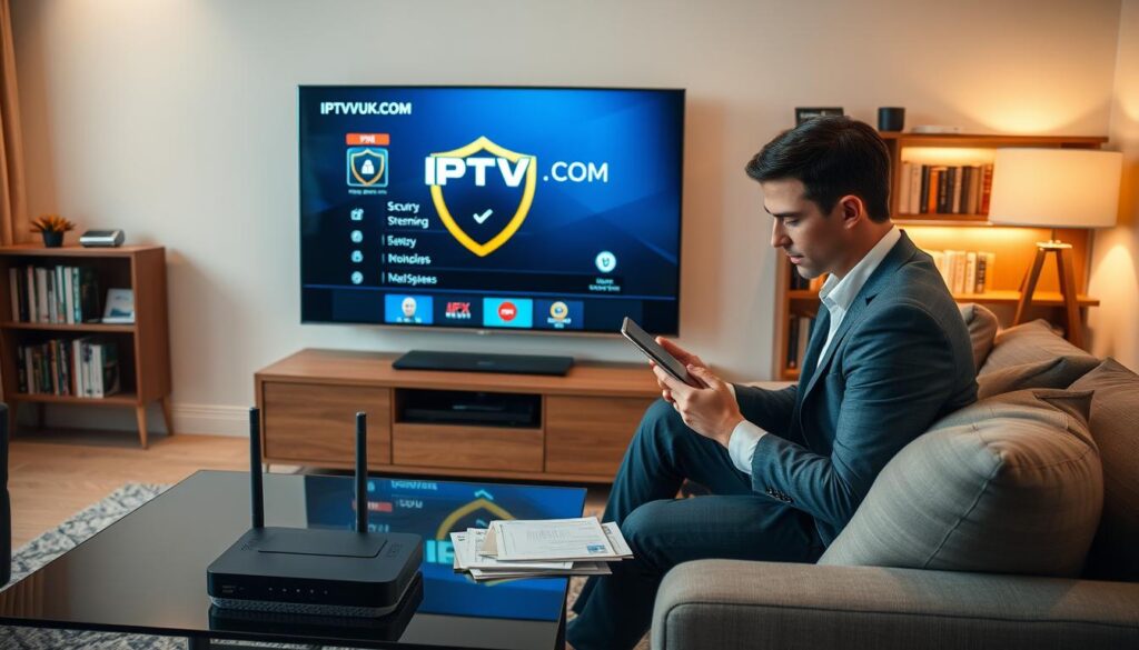 A modern living room scene emphasizing "IPTV security," with a sleek Smart TV displaying a secure streaming interface, showcasing the logo "IPTVVUK.COM." In the foreground, a professional-looking individual in smart casual attire is seated on a comfortable sofa, attentively reviewing their digital privacy settings on a tablet. The middle layer features an aesthetically arranged coffee table with security-related items like a VPN router and privacy documents. In the background, soft ambient lighting illuminates a bookshelf filled with technology and security manuals, creating a warm and inviting atmosphere. The overall mood conveys a sense of safety and trust in digital entertainment, highlighting the importance of security and privacy for IPTV users. A modern living room scene emphasizing "IPTV security," with a sleek Smart TV displaying a secure streaming interface, showcasing the logo "IPTVVUK.COM." In the foreground, a professional-looking individual in smart casual attire is seated on a comfortable sofa, attentively reviewing their digital privacy settings on a tablet. The middle layer features an aesthetically arranged coffee table with security-related items like a VPN router and privacy documents. In the background, soft ambient lighting illuminates a bookshelf filled with technology and security manuals, creating a warm and inviting atmosphere. The overall mood conveys a sense of safety and trust in digital entertainment, highlighting the importance of security and privacy for IPTV users.