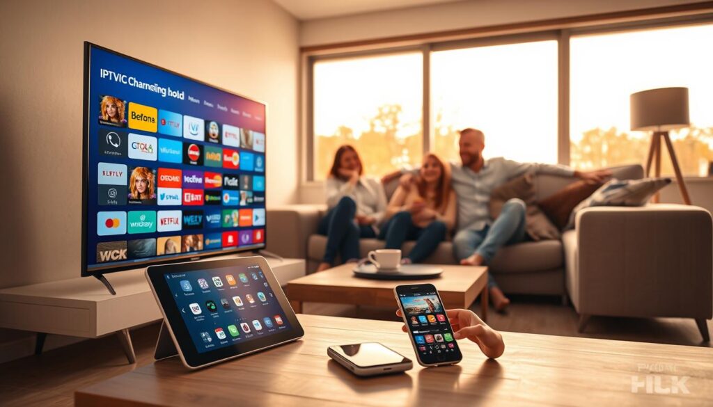 A modern living room scene featuring a sleek television showcasing vibrant IPTV streaming content from various global channels. In the foreground, a stylish smart TV is displayed prominently, alongside a tablet and smartphone with IPTVVUK.COM app open, illustrating device compatibility. The middle ground includes a comfortable couch with a family enjoying their IPTV experience, dressed in professional casual attire, creating an inviting atmosphere. In the background, large windows let in warm daylight, enhancing the cozy ambiance of the room. Soft lighting illuminates the space, highlighting the tech gadgets on the coffee table. The overall mood is relaxing and family-oriented, reflecting the simplicity and enjoyment of setting up IPTV services at home.