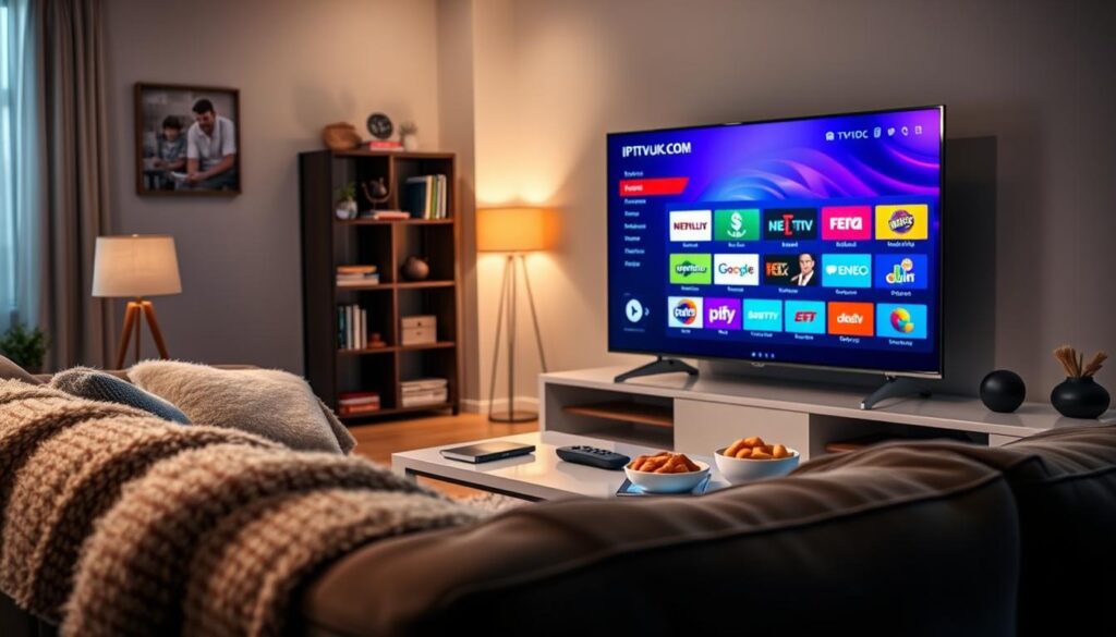 A modern living room scene featuring an Android TV displaying a vibrant IPTV streaming interface from IPTVVUK.COM, showcasing various colorful channel options. In the foreground, a cozy couch with a plush blanket invites viewers to relax. In the middle ground, a sleek coffee table holds snacks and a remote control, emphasizing comfort during viewing. The background reveals a stylish bookshelf filled with books and decorative items, adding a homely touch. Soft, warm lighting from a nearby lamp creates an inviting atmosphere, with gentle shadows enhancing depth. The image captures a sense of enjoyment and relaxation, ideal for illustrating the benefits of IPTV apps on Android TV.