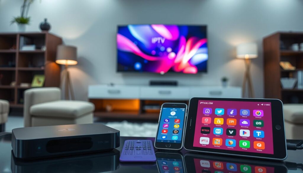 A modern living room scene featuring various IPTV devices, prominently displaying a sleek smart TV, a streaming media player, a smartphone and a tablet showing the IPTVVUK.COM app interface with vibrant colors and icons. The foreground showcases the devices on a stylish entertainment unit. In the middle, a cozy couch with faint reflections of a glowing TV display captures the viewer's attention. The background features contemporary decor with subtle ambient lighting, creating a warm, inviting atmosphere. The room is well-lit, emphasizing the devices and their compatibility features. An angle showcasing the devices from a low perspective adds depth, while the overall mood conveys technological advancement and home connectivity, suitable for streaming entertainment.