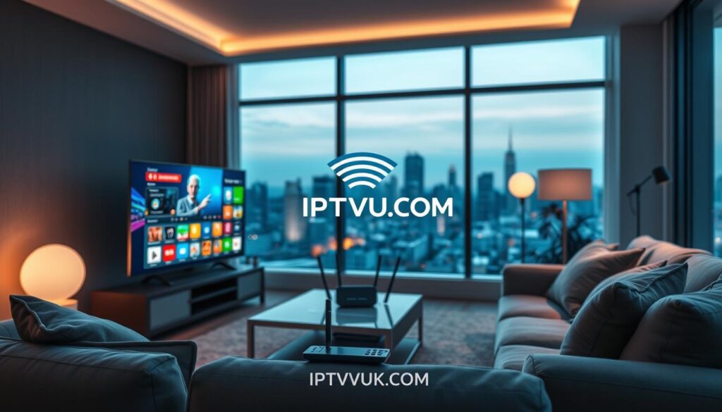 A modern living room scene highlighting IPTV streaming capabilities. In the foreground, a sleek, high-definition television displays vibrant streaming content with clear, crisp imagery. A comfortable sofa, adorned with plush cushions, invites viewers to relax. In the middle ground, a Wi-Fi router emits signals, illustrating the connectivity essential for smooth streaming. Soft, ambient lighting creates a cozy atmosphere, enhancing the inviting feel of the room. On a sleek coffee table, a remote control and a tablet are present, suggesting easy navigation through IPTV services. The background features large windows allowing natural light to stream in, with a city skyline view visible outside. The overall mood is contemporary and tech-savvy, reflecting the cutting-edge nature of IPTV services. Incorporate the brand “IPTVVUK.COM” subtly within the room decor, ensuring it blends with the aesthetic without distracting from the main focus of streaming quality.