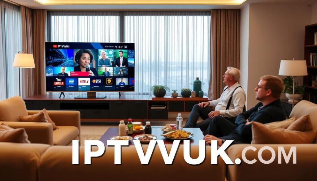 A modern living room scene showcasing IPTV services, with a large, sleek television displaying vibrant streaming content. In the foreground, a diverse group of Canadians - a young couple and an older gentleman - sit comfortably on a stylish sofa, engaged in watching their favorite show. They are dressed in casual yet professional attire, reflecting a relaxed yet sophisticated atmosphere. In the middle ground, a coffee table is adorned with snacks and drinks, emphasizing a cozy viewing experience. The background features a large window with soft, natural light pouring in, creating a warm and inviting ambiance. The color palette is warm and inviting, highlighting the ease of access to top-notch IPTV services. Logo of "IPTVVUK.COM" subtly integrated into the scene, enhancing the focus on IPTV services without overwhelming the composition.