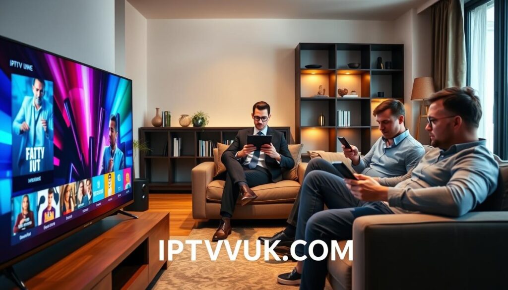 A modern living room scene showcasing IPTV streaming on multiple devices, including a smart TV, tablet, and smartphone. The foreground features the smart TV displaying vibrant IPTV content with clear visuals and dynamic colors. In the middle ground, a person dressed in professional business attire sits comfortably on a plush couch, engrossed in streaming on a tablet, while another individual with modest casual clothing checks their smartphone. The background reveals a stylish bookshelf and subtle ambient lighting, creating a cozy, inviting atmosphere. Soft, natural light enters through a window, illuminating the room and adding warmth to the scene. The composition conveys a sense of convenience and modern entertainment, emphasizing the advantages of IPTV over traditional cable TV in a Canadian context. Include the brand name "IPTVVUK.COM" subtly in the scene. A modern living room scene showcasing IPTV streaming on multiple devices, including a smart TV, tablet, and smartphone. The foreground features the smart TV displaying vibrant IPTV content with clear visuals and dynamic colors. In the middle ground, a person dressed in professional business attire sits comfortably on a plush couch, engrossed in streaming on a tablet, while another individual with modest casual clothing checks their smartphone. The background reveals a stylish bookshelf and subtle ambient lighting, creating a cozy, inviting atmosphere. Soft, natural light enters through a window, illuminating the room and adding warmth to the scene. The composition conveys a sense of convenience and modern entertainment, emphasizing the advantages of IPTV over traditional cable TV in a Canadian context. Include the brand name "IPTVVUK.COM" subtly in the scene.
