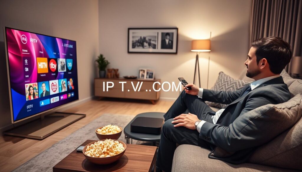 A modern living room scene showcasing IPTV streaming. In the foreground, a sleek, high-definition television displays a vibrant IPTV interface with a variety of channel options. To the right, a comfortable sofa is adorned with stylish cushions, where a professional-looking individual, dressed in business attire, is sitting with a remote control, actively selecting a channel. The middle layer includes a coffee table with a streaming device and a bowl of popcorn, symbolizing a relaxed viewing experience. The background features soft lighting from a floor lamp, creating a warm, inviting atmosphere. Subtle details like a wall-mounted art piece and family photos enhance the domestic setting. Include "IPTVVUK.COM" prominently displayed on the TV screen, emphasizing the connection to IPTV streaming services. The overall mood is relaxed yet professional, reflecting the legal considerations of IPTV use.