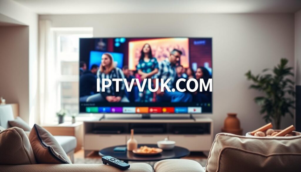 A modern living room scene showcasing high-quality IPTV streaming. In the foreground, a sleek flat-screen TV displays a vibrant scene from a popular show in high definition, conveying clarity and excellence in streaming quality. The middle ground features a comfortable sofa with a remote control resting on the arm, and subtle decorative elements like a coffee table with snacks. The background includes light-colored walls and a window showcasing bright natural light filtering in, creating a warm and inviting atmosphere. The lens perspective is slightly angled to emphasize the television and its surroundings, with soft, balanced lighting highlighting the advanced technology of IPTV services. Include the brand name "IPTVVUK.COM" prominently displayed on the TV screen, enhancing the context of IPTV streaming quality. The mood is relaxed and engaging, perfect for a casual viewing experience.