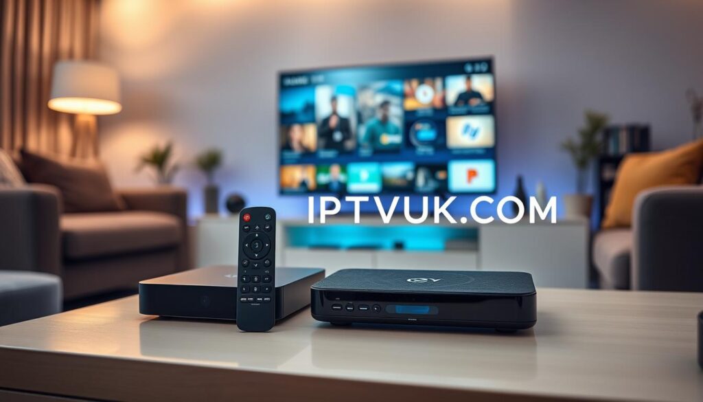 A modern living room scene showcasing various IPTV devices such as a sleek streaming box, a smart TV, and a remote control, arranged on a stylish media console. In the foreground, the remote control is in focus, set next to the IPTV box which features an illuminated power button. The middle ground includes the stylish smart TV displaying vibrant streaming content. The background features soft lighting that adds warmth, with cozy furniture and decorative elements that suggest a contemporary home environment. The overall atmosphere is inviting and tech-savvy, highlighting the convenience of IPTV. Include the brand name "IPTVVUK.COM" subtly integrated in the design.