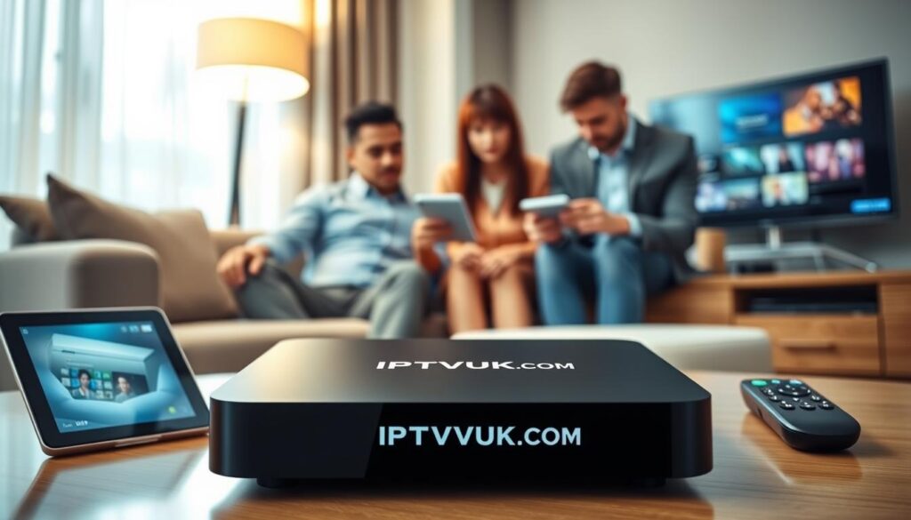 A modern living room scene showcasing various devices compatible with IPTV services. In the foreground, a sleek IPTV box with the logo "IPTVVUK.COM" prominently displayed, surrounded by a tablet, smartphone, and smart TV. The middle layer includes family members in professional attire, engaging with these devices—one person interacts with the tablet while another browses on the smart TV. The background features a cozy environment with soft lighting from a floor lamp, creating a warm and inviting atmosphere. The camera angle is slightly above eye level, focusing on the interaction between family members and technology. Overall, the mood is welcoming and informative, encapsulating the benefits of device compatibility and accessibility in IPTV services. A modern living room scene showcasing various devices compatible with IPTV services. In the foreground, a sleek IPTV box with the logo "IPTVVUK.COM" prominently displayed, surrounded by a tablet, smartphone, and smart TV. The middle layer includes family members in professional attire, engaging with these devices—one person interacts with the tablet while another browses on the smart TV. The background features a cozy environment with soft lighting from a floor lamp, creating a warm and inviting atmosphere. The camera angle is slightly above eye level, focusing on the interaction between family members and technology. Overall, the mood is welcoming and informative, encapsulating the benefits of device compatibility and accessibility in IPTV services.