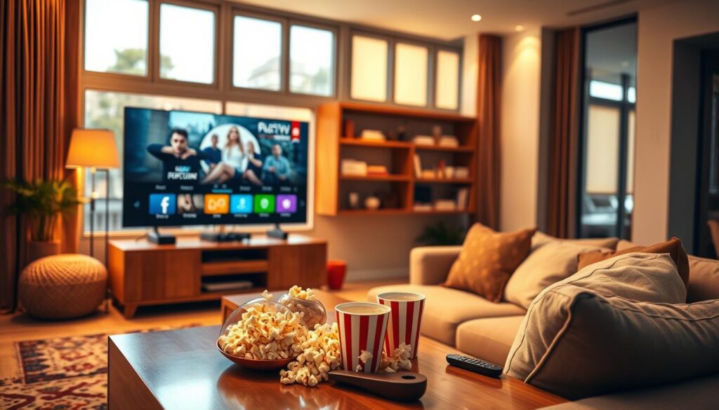 A modern living room set up for relaxing entertainment, showcasing a high-definition television displaying the IPTVVUK.COM interface. In the foreground, a stylish coffee table holds popcorn and drinks, inviting a cozy movie night. The middle ground features a comfortable couch with plush pillows, positioned for optimal viewing, and a sleek remote control rests nearby. The background displays a warm ambiance, with soft lighting accentuating the inviting atmosphere. Large windows allow natural light to filter in, creating a cheerful vibe. The scene is framed from a slight angle, adding depth and perspective. The overall mood is welcoming and enjoyable, reflecting the joys of IPTV service for cord-cutters. A modern living room set up for relaxing entertainment, showcasing a high-definition television displaying the IPTVVUK.COM interface. In the foreground, a stylish coffee table holds popcorn and drinks, inviting a cozy movie night. The middle ground features a comfortable couch with plush pillows, positioned for optimal viewing, and a sleek remote control rests nearby. The background displays a warm ambiance, with soft lighting accentuating the inviting atmosphere. Large windows allow natural light to filter in, creating a cheerful vibe. The scene is framed from a slight angle, adding depth and perspective. The overall mood is welcoming and enjoyable, reflecting the joys of IPTV service for cord-cutters.