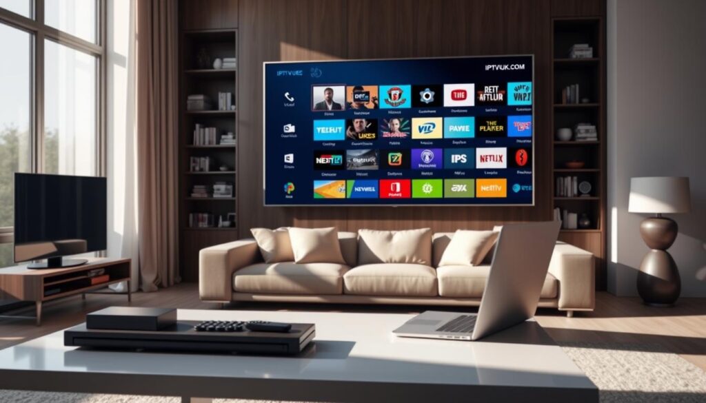 A modern living room setting featuring a large flat-screen TV displaying various IPTV program features, like a colorful grid of channel icons and program information, symbolizing choice and diversity. In the foreground, a sleek coffee table holds a remote control and a laptop, emphasizing the tech-savvy nature of IPTV services. In the middle, a comfortable sofa with cushions invites relaxation, while a stylish bookshelf filled with multimedia materials adds depth. The background shows a large window letting in natural sunlight, creating a warm and inviting atmosphere. Soft shadows are cast across the room, enhancing a cozy and modern feel. The image should reflect a professional and relatable environment, showcasing the brand name "IPTVVUK.COM" subtly integrated into the TV screen's content.