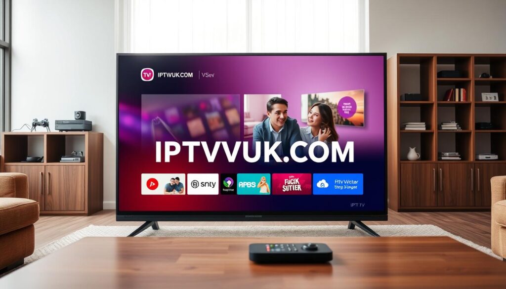 A modern living room setting featuring a sleek flat-screen television displaying a vibrant IPTV interface. In the foreground, a stylish coffee table with a remote control nearby, symbolizing ease of access to content. The middle ground showcases a comfortable sofa with a person in professional business attire, casually interacting with the IPTV service on the screen, their expression reflecting curiosity and enjoyment. Soft natural light filters through a window, creating a warm, inviting atmosphere. In the background, a minimalist bookshelf with tech gadgets subtly enhances the contemporary feel. Integrate the brand name "IPTVVUK.COM" visibly yet seamlessly within the IPTV interface on the television. Aim for a high-resolution, clear image with a focus on the family-friendly ambiance and seamless integration of technology into everyday life.