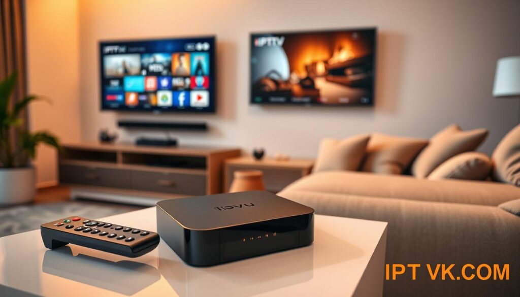 A modern living room setting featuring various IPTV streaming devices prominently displayed on a sleek entertainment unit. In the foreground, a smart streaming box with LED indicators sits next to a remote control, while a tablet shows a popular streaming interface. The middle layer includes an elegant flat-screen TV mounted on the wall, showcasing vibrant imagery from a streaming platform, creating an inviting atmosphere. The background features a cozy couch with soft pillows, bathed in warm, natural light from a nearby window, enhancing the relaxed mood. The colors are rich and inviting, reflecting the convenience and modernity of IPTV. Include subtle branding elements such as “IPTVVUK.COM” subtly integrated into the design of one device, ensuring a professional appearance without direct logos. The image captures the essence of why streaming IPTV is becoming a favored choice over traditional cable TV. A modern living room setting featuring various IPTV streaming devices prominently displayed on a sleek entertainment unit. In the foreground, a smart streaming box with LED indicators sits next to a remote control, while a tablet shows a popular streaming interface. The middle layer includes an elegant flat-screen TV mounted on the wall, showcasing vibrant imagery from a streaming platform, creating an inviting atmosphere. The background features a cozy couch with soft pillows, bathed in warm, natural light from a nearby window, enhancing the relaxed mood. The colors are rich and inviting, reflecting the convenience and modernity of IPTV. Include subtle branding elements such as “IPTVVUK.COM” subtly integrated into the design of one device, ensuring a professional appearance without direct logos. The image captures the essence of why streaming IPTV is becoming a favored choice over traditional cable TV.
