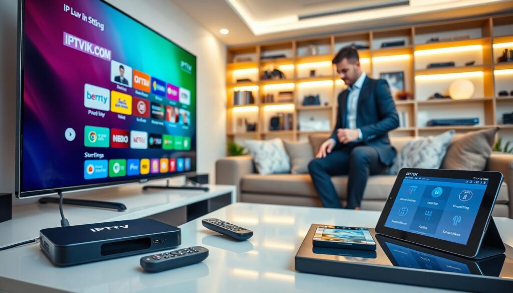 A modern living room setting illustrating an IPTV setup. In the foreground, a sleek, flat-screen TV displaying a vibrant IPTV interface with various channel options. Beside the TV, a stylish streaming device prominently features the brand name "IPTVVUK.COM". On a contemporary coffee table, a remote control and a tablet showing streaming options are neatly arranged. In the middle ground, a comfortable sofa with decorative pillows, where a person in a smart casual outfit is adjusting the TV settings. The background features a well-lit room with soft, ambient lighting and bookshelves lined with various devices and accessories, creating an inviting atmosphere. The angle captures a slightly elevated view, emphasizing the IPTV setup and the cozy environment. A modern living room setting illustrating an IPTV setup. In the foreground, a sleek, flat-screen TV displaying a vibrant IPTV interface with various channel options. Beside the TV, a stylish streaming device prominently features the brand name "IPTVVUK.COM". On a contemporary coffee table, a remote control and a tablet showing streaming options are neatly arranged. In the middle ground, a comfortable sofa with decorative pillows, where a person in a smart casual outfit is adjusting the TV settings. The background features a well-lit room with soft, ambient lighting and bookshelves lined with various devices and accessories, creating an inviting atmosphere. The angle captures a slightly elevated view, emphasizing the IPTV setup and the cozy environment.