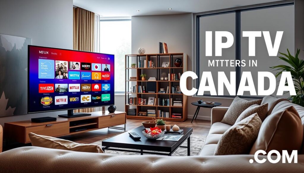 A modern living room setting showcasing IPTV services in Canada. In the foreground, a sleek, modern television displays a diverse range of streaming options with a vibrant menu interface, symbolizing various regional channels. A cozy couch with plush cushions is visible, with a stylish coffee table holding a remote control and snacks, creating a warm, inviting atmosphere. The middle ground features a bookshelf filled with Canadian-themed media, like movies and documentaries. In the background, large windows allow soft, natural light to flood the room, enhancing the relaxed mood. The overall tone is contemporary and vibrant, reflecting the dynamic landscape of IPTV services in Canada. Include elements like the brand "IPTVVUK.COM" subtly integrated into the design, ensuring a professional presentation. A modern living room setting showcasing IPTV services in Canada. In the foreground, a sleek, modern television displays a diverse range of streaming options with a vibrant menu interface, symbolizing various regional channels. A cozy couch with plush cushions is visible, with a stylish coffee table holding a remote control and snacks, creating a warm, inviting atmosphere. The middle ground features a bookshelf filled with Canadian-themed media, like movies and documentaries. In the background, large windows allow soft, natural light to flood the room, enhancing the relaxed mood. The overall tone is contemporary and vibrant, reflecting the dynamic landscape of IPTV services in Canada. Include elements like the brand "IPTVVUK.COM" subtly integrated into the design, ensuring a professional presentation.