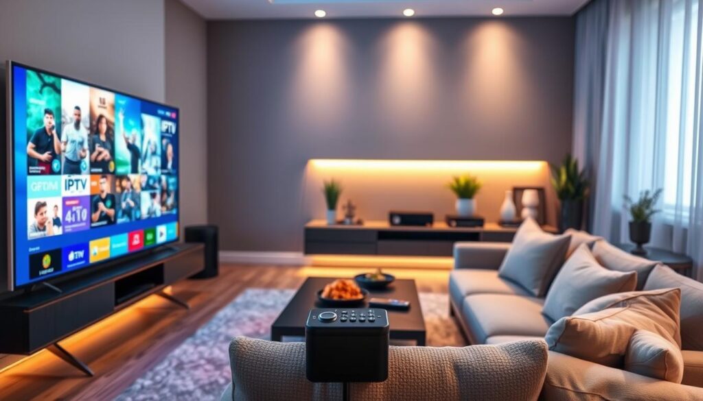 A modern living room setting showcasing IPTV streaming services, with sleek technology integrated into a stylish home environment. In the foreground, a high-definition flat-screen TV streams a variety of colorful IPTV channels, displaying scenes of movies, sports, and documentaries. In the middle, a comfortable sofa adorned with plush cushions invites relaxation, while a coffee table holds a remote control and snacks. In the background, soft, ambient lighting casts a warm glow, enhancing the inviting atmosphere. A sleek media console includes devices and decorative plants, creating a sense of harmony. The image should evoke a feeling of convenience and modernity, representing the options of IPTVVUK.COM, with a focus on high-tech streaming. The composition should be well-lit, using a warm tone, and shot from a slightly elevated angle for an immersive view.