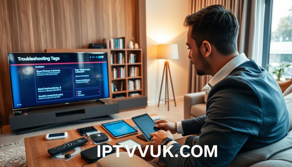 A modern living room setting showcasing Smart IPTV troubleshooting. In the foreground, a professional individual in smart casual attire is focused on a sleek smart TV displaying a troubleshooting screen, with clear graphical interfaces. The middle layer features a coffee table cluttered with various devices like a remote control, tablet, and smartphone for streaming management. In the background, a cozy bookshelf filled with tech magazines and a soft-lit lamp adds warmth to the room. The lighting is bright and inviting, suggesting a problem-solving atmosphere. Shot with a wide-angle lens to capture the entire space, the image conveys a focused yet relaxed mood, inviting viewers to engage with Smart IPTV solutions. The brand "IPTVVUK.COM" is subtly integrated into the tech devices. A modern living room setting showcasing Smart IPTV troubleshooting. In the foreground, a professional individual in smart casual attire is focused on a sleek smart TV displaying a troubleshooting screen, with clear graphical interfaces. The middle layer features a coffee table cluttered with various devices like a remote control, tablet, and smartphone for streaming management. In the background, a cozy bookshelf filled with tech magazines and a soft-lit lamp adds warmth to the room. The lighting is bright and inviting, suggesting a problem-solving atmosphere. Shot with a wide-angle lens to capture the entire space, the image conveys a focused yet relaxed mood, inviting viewers to engage with Smart IPTV solutions. The brand "IPTVVUK.COM" is subtly integrated into the tech devices.