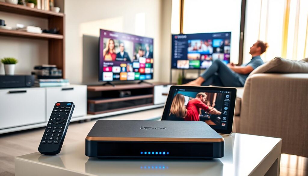 A modern living room setting showcasing a collection of IPTV devices prominently placed on a sleek entertainment unit. In the foreground, a stylish IPTV set-top box with LED indicators and remote control, surrounded by a vibrant tablet displaying an IPTV interface. A smart TV in the background showing diverse streaming content, with a cozy sofa nearby where a person in casual attire relaxes while watching. Warm, natural lighting streams through a window, enhancing the inviting atmosphere. The scene captures a sense of convenience and entertainment, highlighting IPTVVUK.COM's offerings. The angle is slightly elevated, providing a comprehensive view of the devices and the surrounding environment, ensuring the focus remains on the IPTV experience without any captions or distractions.