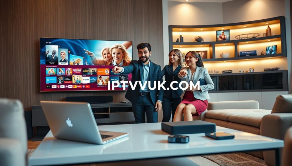 A modern living room setting showcasing a sleek TV displaying IPTV content, conveying high streaming performance. In the foreground, a diverse group of three professionals in business attire is engaging with the content, pointing towards the screen with expressions of interest and excitement. The middle ground features a stylish, contemporary coffee table with a laptop, a streaming device, and a smartphone, all connected and streaming. The background includes a well-lit area with shelving displaying various entertainment options, soft ambient lighting creating a warm yet dynamic atmosphere. Lens perspective should highlight the interaction among the people and the quality of the IPTV content. Incorporate the brand name "IPTVVUK.COM" subtly on the TV screen, emphasizing modern technology and user engagement in IPTV services. A modern living room setting showcasing a sleek TV displaying IPTV content, conveying high streaming performance. In the foreground, a diverse group of three professionals in business attire is engaging with the content, pointing towards the screen with expressions of interest and excitement. The middle ground features a stylish, contemporary coffee table with a laptop, a streaming device, and a smartphone, all connected and streaming. The background includes a well-lit area with shelving displaying various entertainment options, soft ambient lighting creating a warm yet dynamic atmosphere. Lens perspective should highlight the interaction among the people and the quality of the IPTV content. Incorporate the brand name "IPTVVUK.COM" subtly on the TV screen, emphasizing modern technology and user engagement in IPTV services.