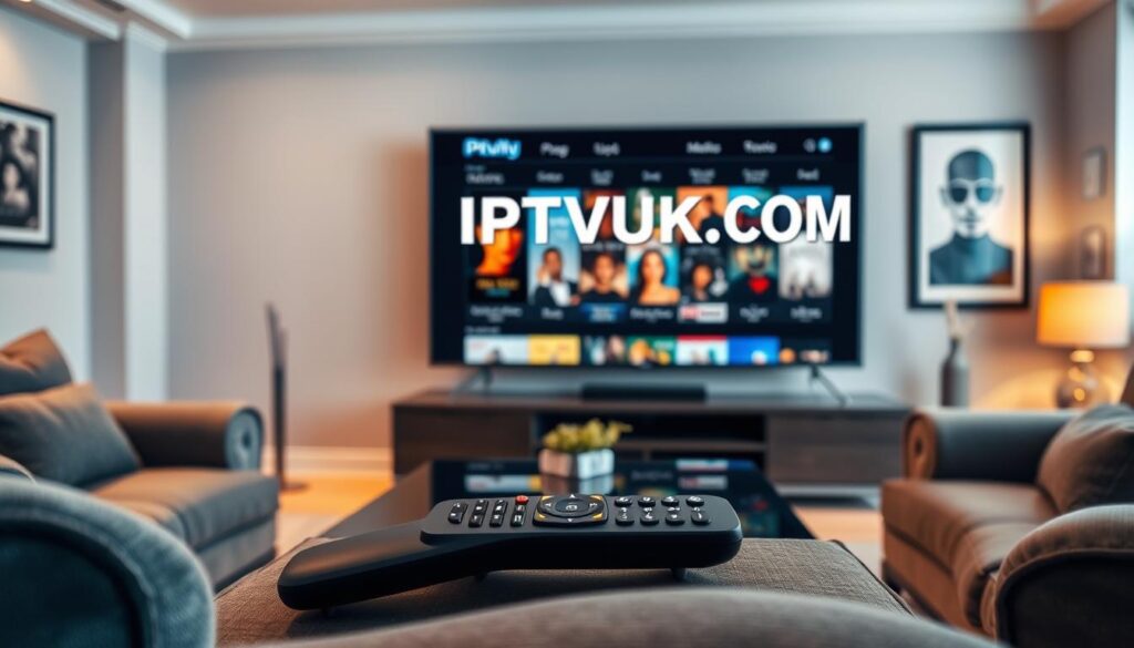 A modern living room setting showcasing a sleek television displaying the IPTV logo for "IPTVVUK.COM," emphasizing the concept of movie streaming. In the foreground, a stylish remote control rests on a contemporary coffee table surrounded by cozy seating. The middle ground features a vibrant display of movie thumbnails on the TV screen, illustrating a diverse selection of films. The background includes subtle details, like framed movie posters and soft ambient lighting, enhancing the cozy atmosphere. The scene is bathed in warm hues, creating a welcoming and inviting mood that captures the essence of home entertainment. Use a slightly angled perspective to emphasize the TV and the living space without clutter.