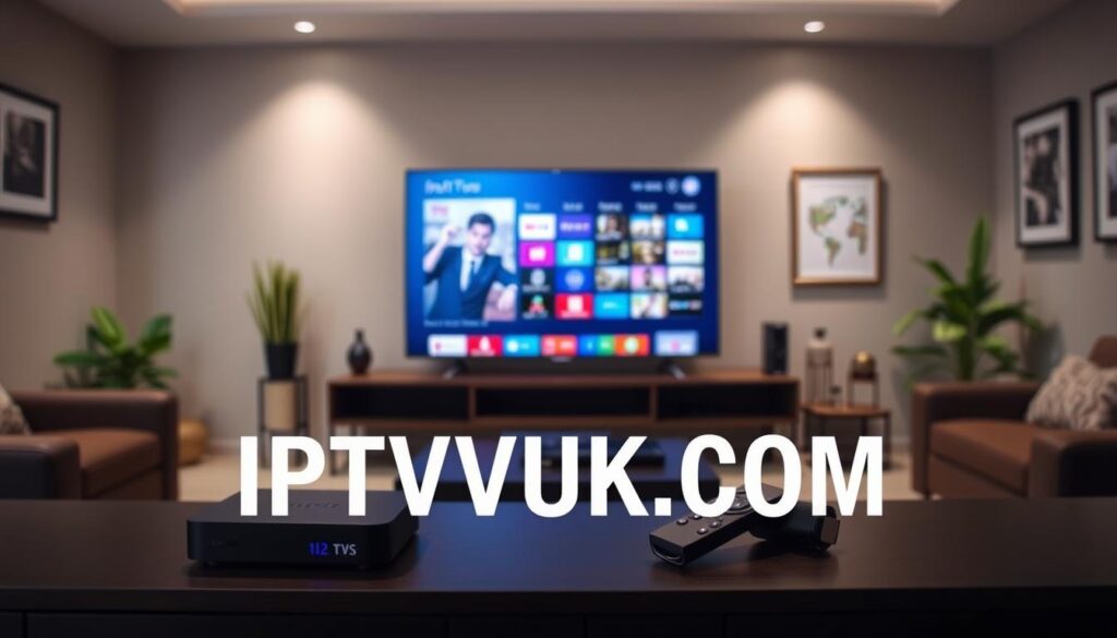 A modern living room setting showcasing a variety of IPTV streaming devices, including a sleek set-top box, a compact streaming stick, and a smart TV. In the foreground, the devices are neatly arranged on a stylish media console with a remote control alongside them. The middle ground features a large flat-screen TV displaying a vibrant streaming interface. The background has soft, ambient lighting that creates a cozy atmosphere, with subtle hints of decorative elements like plants and framed artwork. The scene is captured from a slightly elevated angle to highlight the devices in detail, ensuring clarity and focus. The brand name "IPTVVUK.COM" is subtly integrated into the design of the streaming devices, emphasizing brand presence while maintaining an elegant look. A modern living room setting showcasing a variety of IPTV streaming devices, including a sleek set-top box, a compact streaming stick, and a smart TV. In the foreground, the devices are neatly arranged on a stylish media console with a remote control alongside them. The middle ground features a large flat-screen TV displaying a vibrant streaming interface. The background has soft, ambient lighting that creates a cozy atmosphere, with subtle hints of decorative elements like plants and framed artwork. The scene is captured from a slightly elevated angle to highlight the devices in detail, ensuring clarity and focus. The brand name "IPTVVUK.COM" is subtly integrated into the design of the streaming devices, emphasizing brand presence while maintaining an elegant look.