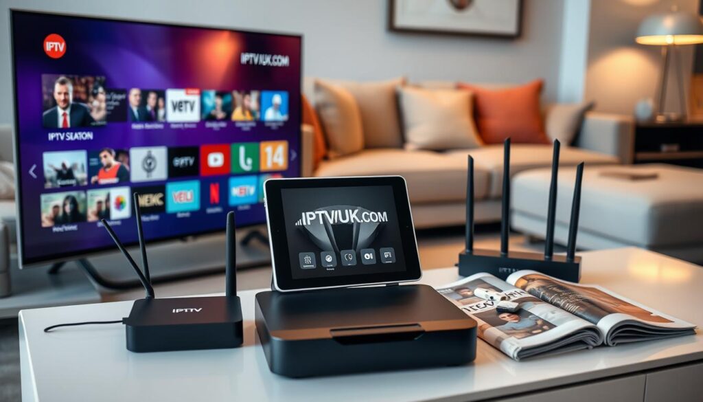 A modern living room setting showcasing various IPTV compatible devices arranged aesthetically on a sleek entertainment center. Foreground features a smart TV displaying a colorful interface of IPTV options, with a streaming box and a digital antenna beside it. In the middle, a tablet is propped up, displaying a video streaming service, while a wireless router with antennas adds connectivity emphasis. The background features a cozy couch with cushions and a stylish coffee table filled with magazines about technology. Soft, ambient lighting creates a warm atmosphere, highlighting the devices’ sleek designs. The scene is shot from a slightly elevated angle for a dynamic view, evoking a sense of modern convenience. Include the brand "IPTVVUK.COM" subtly displayed on the streaming interface of the TV.