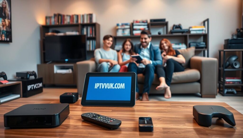A modern living room setting showcasing various IPTV devices, including a sleek set-top box, smart TV, and streaming gadgets. In the foreground, a stylish coffee table holds a remote control and a tablet displaying IPTVVUK.COM, emphasizing the cutting-edge technology. The middle ground features a comfortable couch with a family of three watching content together, dressed in smart casual attire, exhibiting a sense of enjoyment and connectivity. The background is softly lit with warm ambient lighting, highlighting a shelf filled with DVDs and gaming consoles, representing traditional media slowly being phased out. The atmosphere is inviting and contemporary, reflecting the shift from traditional cable to innovative IPTV solutions.