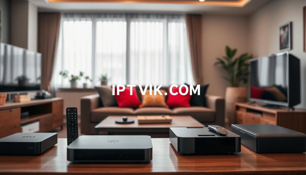 A modern living room setting showcasing various IPTV devices prominently in the foreground. The scene features sleek, high-tech streaming boxes, smart TVs, and remote controls arranged neatly on a stylish entertainment center. In the middle, a cozy couch is adorned with colorful throw pillows, inviting viewers to engage in a streaming session. The background displays a large window with soft natural lighting entering the room, creating a warm and inviting atmosphere. The overall mood is of comfort and convenience, ideal for enjoying IPTV services. Ensure the logo "IPTVVUK.COM" is subtly visible on one of the devices. Capture the scene with a slightly elevated angle, emphasizing depth and clarity, with a focus on rich colors and modern design elements.