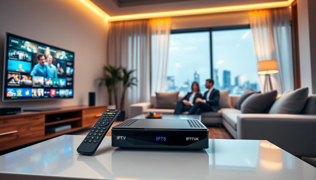 A modern living room setting showcasing various IPTV devices prominently placed on a sleek entertainment center. In the foreground, a stylish IPTV set-top box and a remote control elegantly arranged with a high-definition television displaying vibrant streaming content. In the middle ground, a cozy couch with a couple of individuals dressed in professional business attire enjoying the streaming experience, exceptionally engaged in the content. The background features bright ambient lighting strategically illuminating the room, casting a warm glow that enhances the inviting atmosphere. A large window reveals a cityscape outside, hinting at the future of entertainment. The overall mood conveys innovation and satisfaction, with a focus on the brand "IPTVVUK.COM" subtly integrated into the scene.