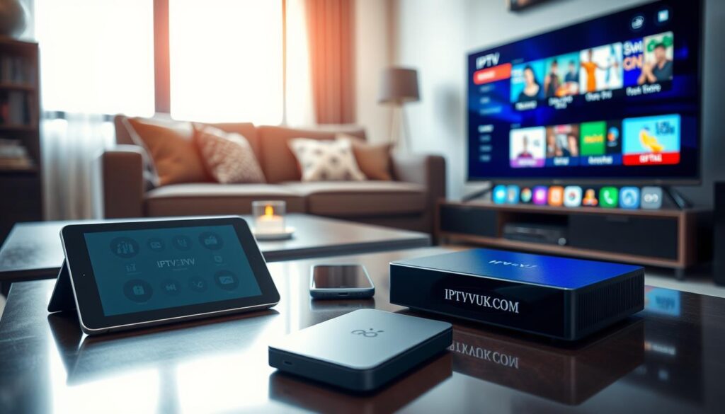 A modern living room setting showcasing various devices compatible with IPTV. In the foreground, a sleek smart TV displays a vibrant streaming interface, while on a coffee table, a stylish IPTV box labeled "IPTVVUK.COM" rests beside a tablet and a smartphone. The middle ground features a comfortable couch adorned with decorative cushions, inviting viewers to immerse themselves in a viewing experience. In the background, large windows allow soft, natural light to filter in, creating a warm and inviting atmosphere. The scene is captured from a slightly elevated angle, emphasizing the devices and their connectivity options, conveying a tech-savvy yet casual mood, promoting the ease of accessing IPTV across different platforms and devices. A modern living room setting showcasing various devices compatible with IPTV. In the foreground, a sleek smart TV displays a vibrant streaming interface, while on a coffee table, a stylish IPTV box labeled "IPTVVUK.COM" rests beside a tablet and a smartphone. The middle ground features a comfortable couch adorned with decorative cushions, inviting viewers to immerse themselves in a viewing experience. In the background, large windows allow soft, natural light to filter in, creating a warm and inviting atmosphere. The scene is captured from a slightly elevated angle, emphasizing the devices and their connectivity options, conveying a tech-savvy yet casual mood, promoting the ease of accessing IPTV across different platforms and devices.