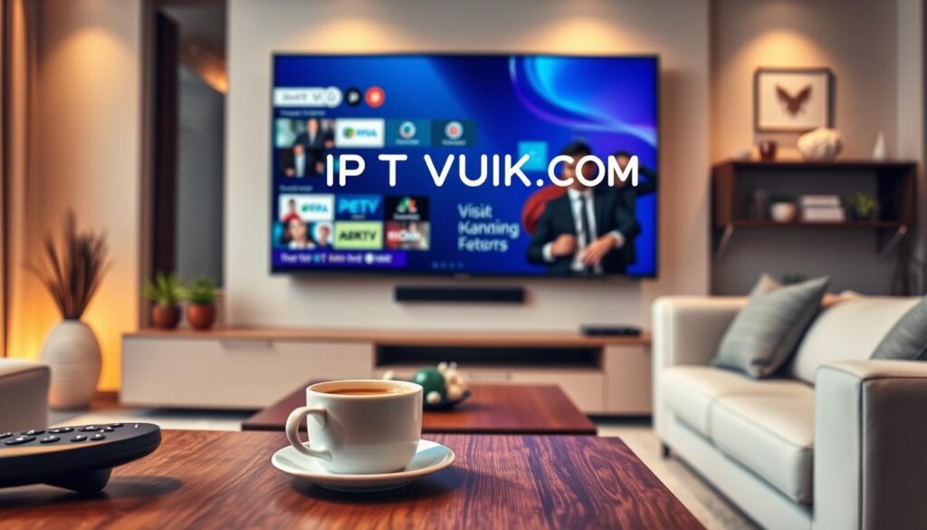 A modern living room setting with a large flat-screen TV mounted on the wall, displaying vibrant IPTV content. In the foreground, a sleek remote control rests on a stylish coffee table next to a steaming cup of coffee, symbolizing a cozy viewing experience. The middle ground showcases a family of four, dressed in professional business attire, happily enjoying the IPTV service together on the couch, reflecting diverse backgrounds. The background features soft, warm ambient lighting that creates a welcoming atmosphere, with subtle decorative elements like plants and art pieces. The image conveys a sense of legality and trustworthiness in IPTV services, highlighted by a discreet display of the brand name "IPTVVUK.COM" in a stylish logo format on the TV screen, enhancing the professional vibe without overpowering the scene.